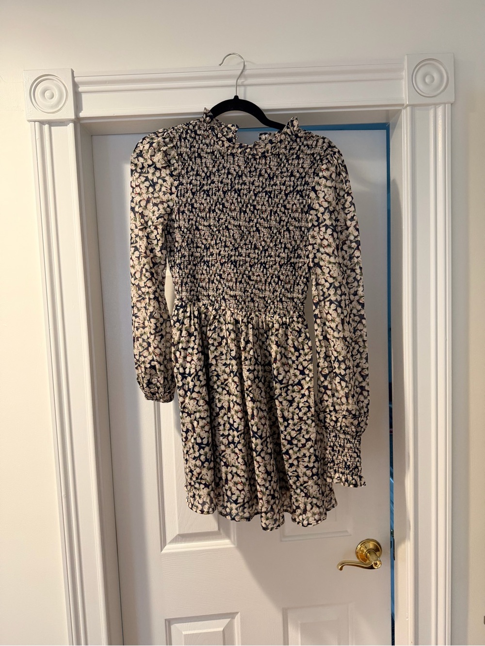 Lulu's Black and Cream Smocked Floral Long-Sleeve Mini Dress